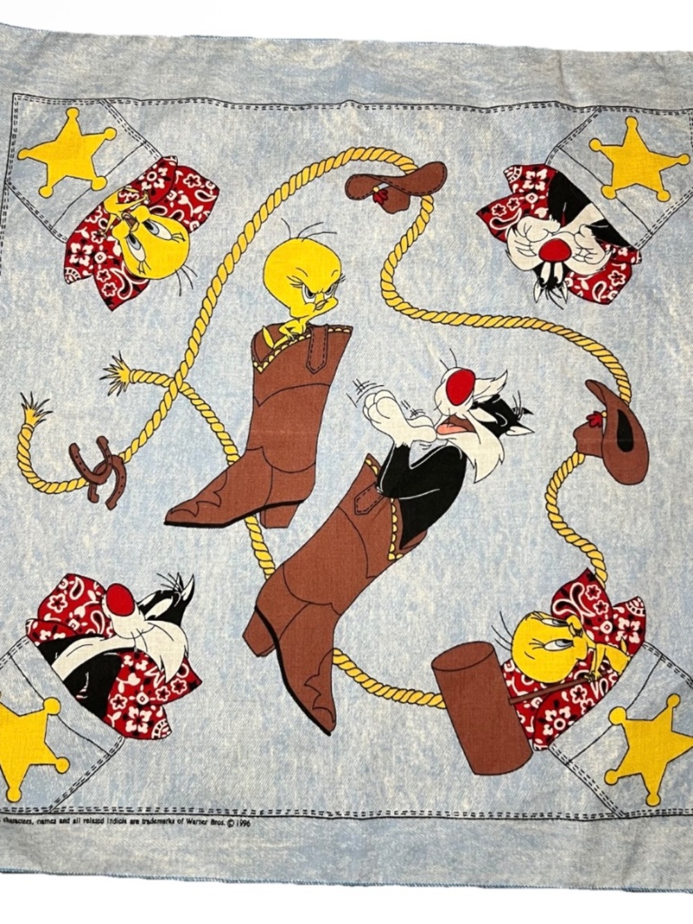 Vintage 1990s Looney Tunes Sylvester, Tweety Bandana Scarf Western Cowboy Boots